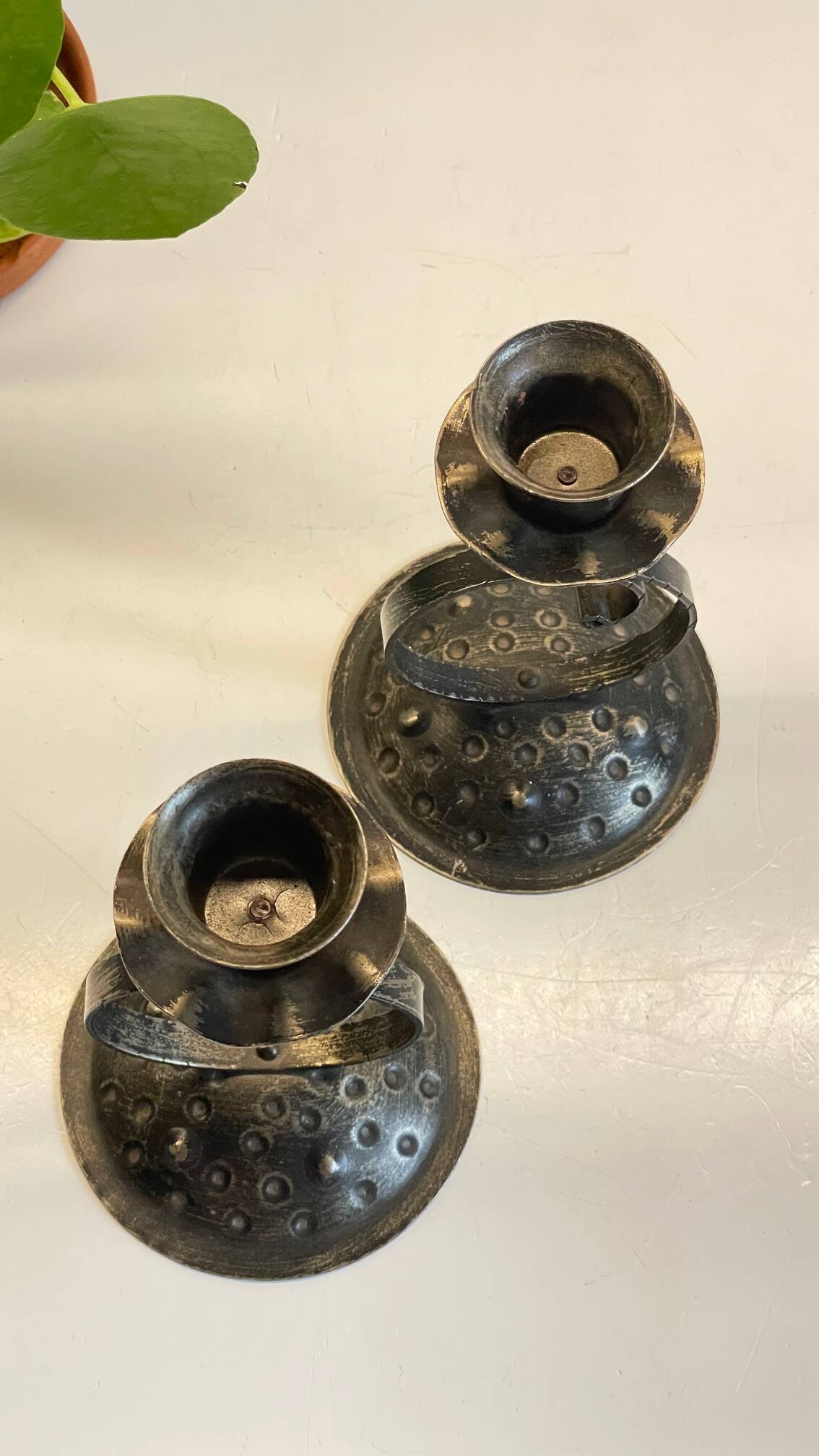 Vintage Black Patina Metal Candlesticks