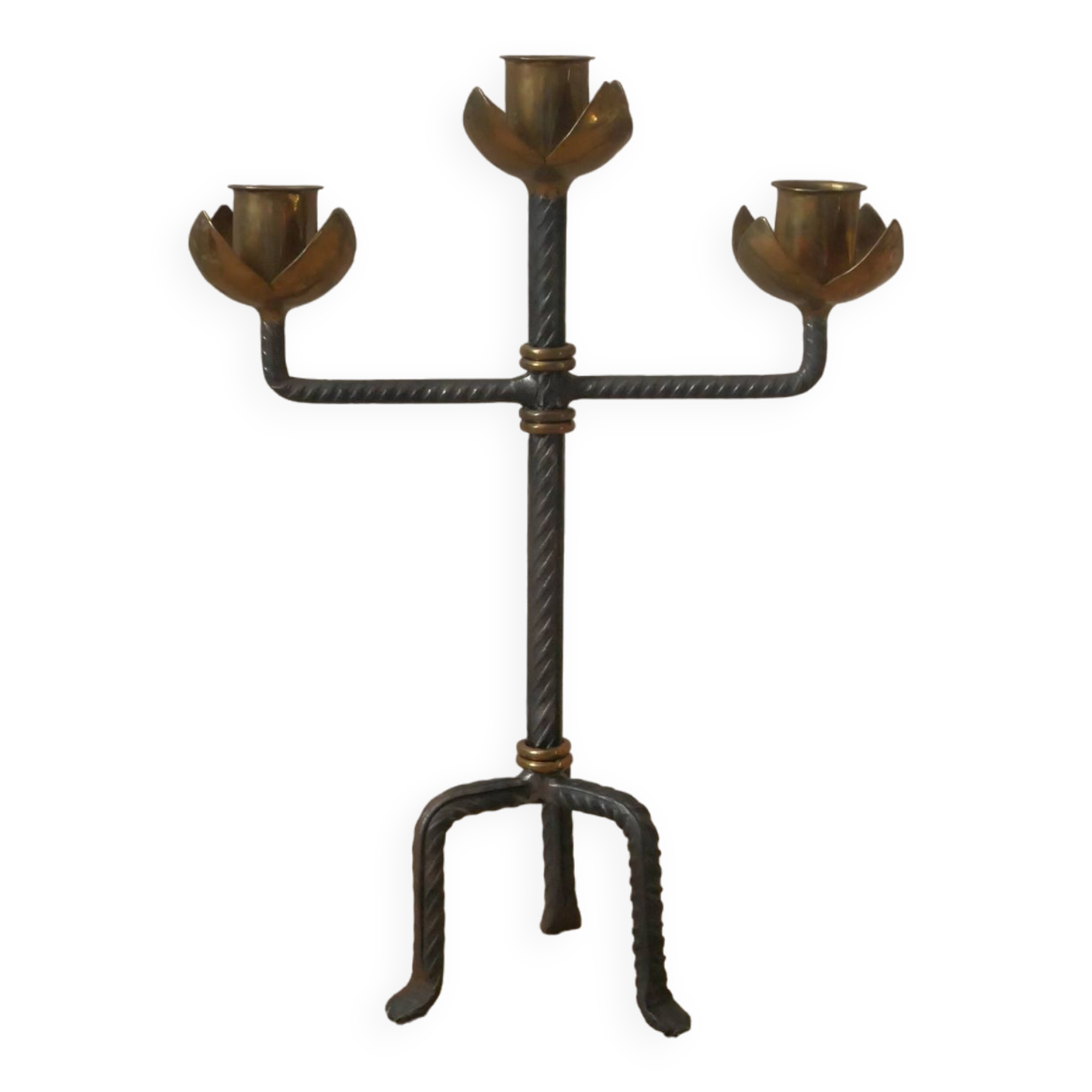 Candlestick with three branches wrought iron brass handcrafted unique piece candelabra candle holder