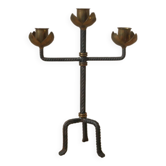 Candlestick with three branches wrought iron brass handcrafted unique piece candelabra candle holder