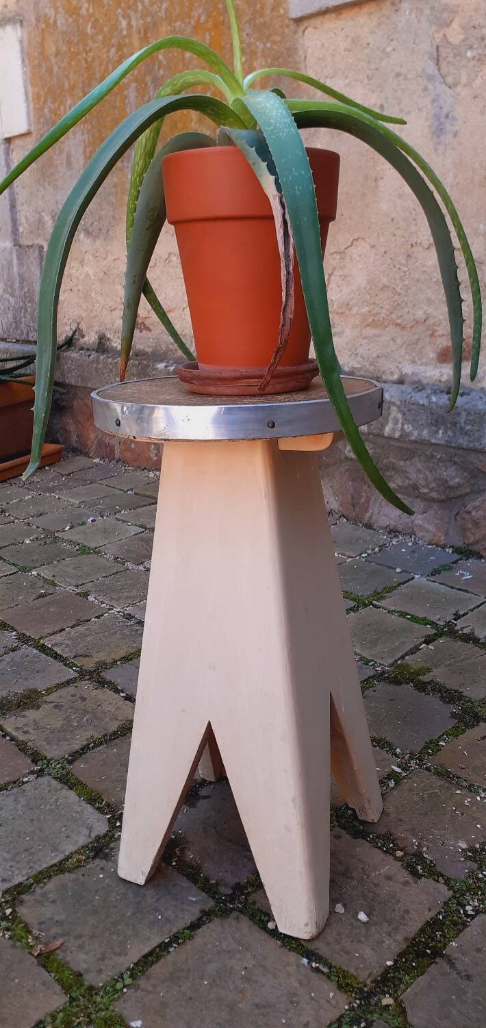 Tabouret,  porte plante vintage année 50 pied compas en chêne