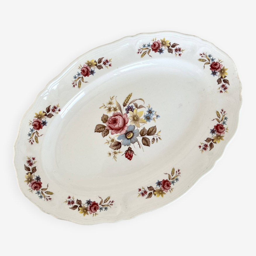 Grand plat de service ovale vintage Moulin des Loups porcelaine blanche  motifs bouquets