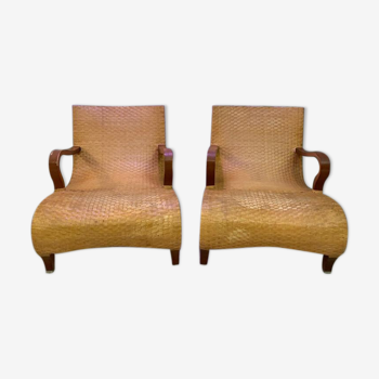 Pair of Italian designer seats in light fawn braided leather
