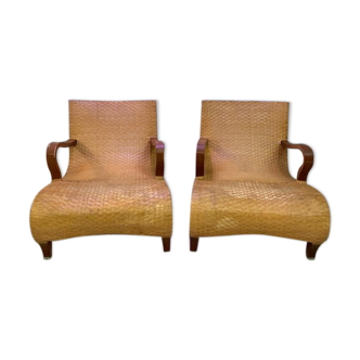 Pair of Italian designer seats in light fawn braided leather