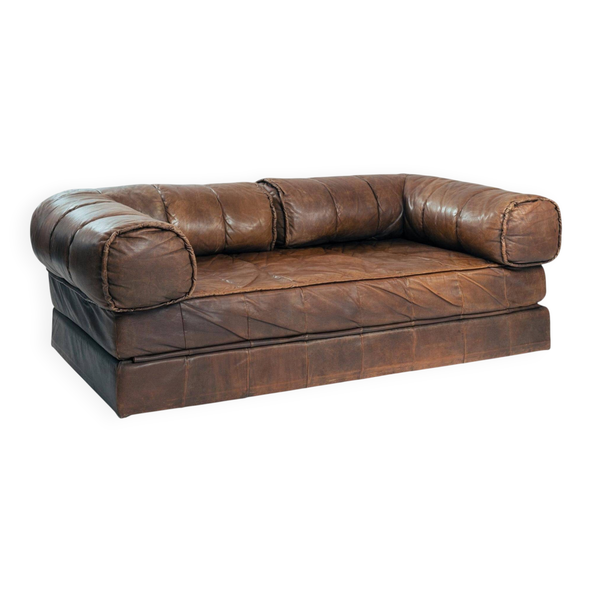 Brown Modular Leather Patchwork Sleeping Sofa Daybed, 1970s