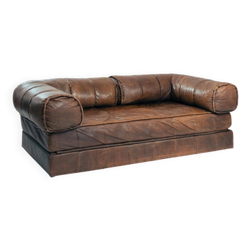 Canapé-lit en patchwork de cuir modulaire marron, années 1970