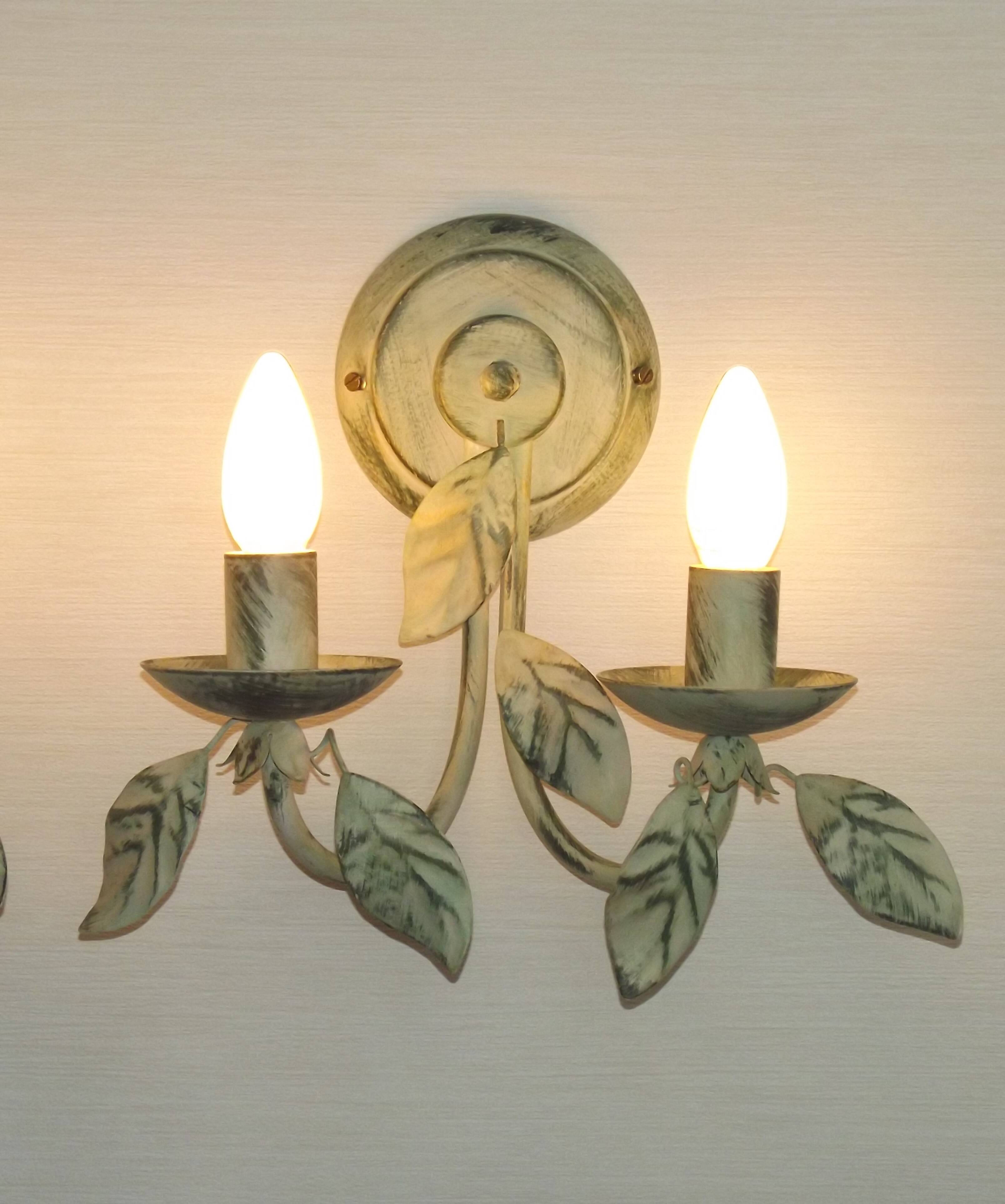 Pair of Vintage Italian Double Wall Lights Leaf Detail Green & Gold Finish