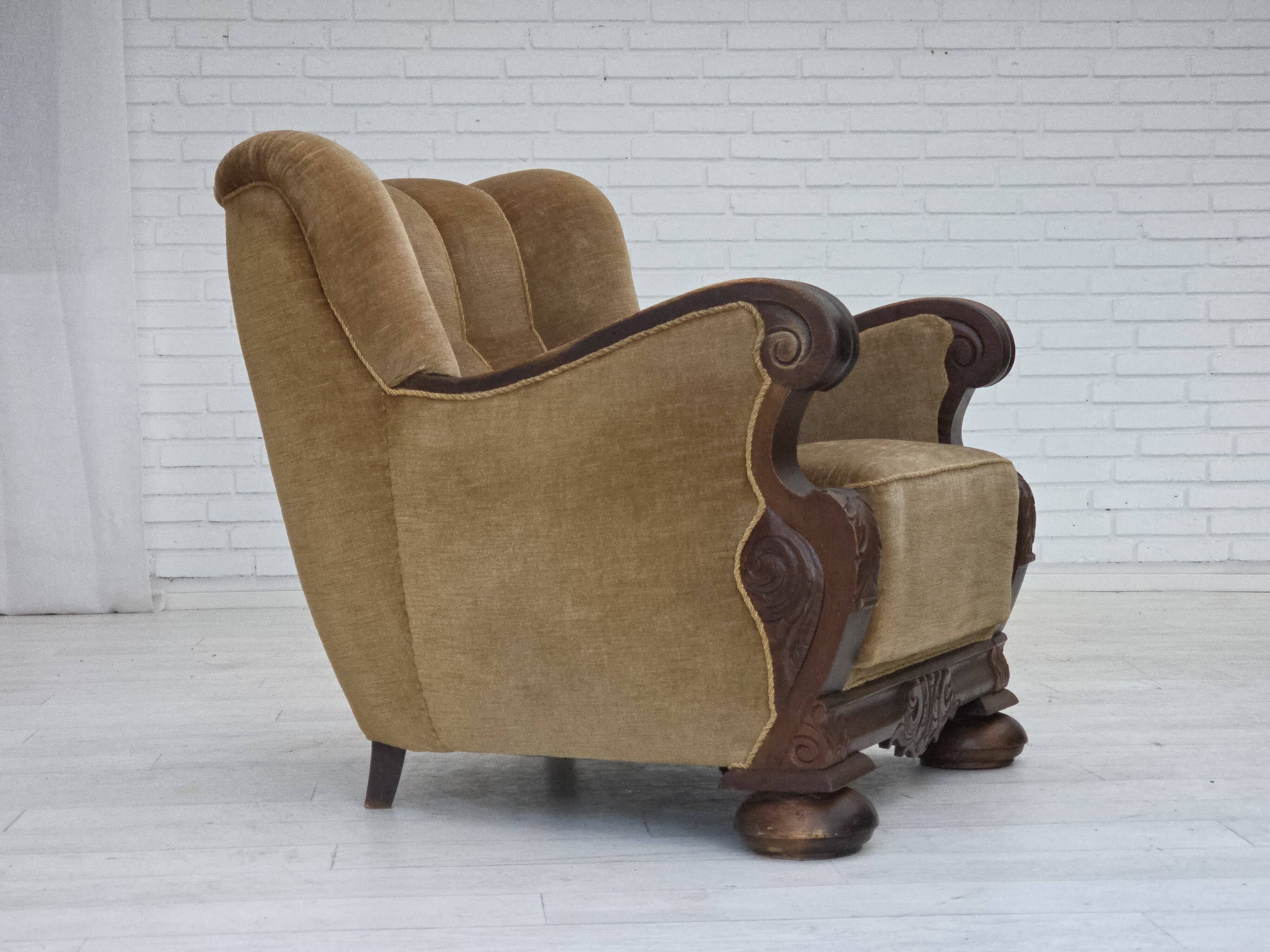 1960s, Danish armchair, original green furniture velour, carved oak wood.