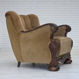 1960s, Danish armchair, original green furniture velour, carved oak wood.
