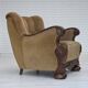 1960s, Danish armchair, original green furniture velour, carved oak wood.