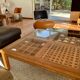 Large handcrafted coffee table in exotic wood + nesting tables.