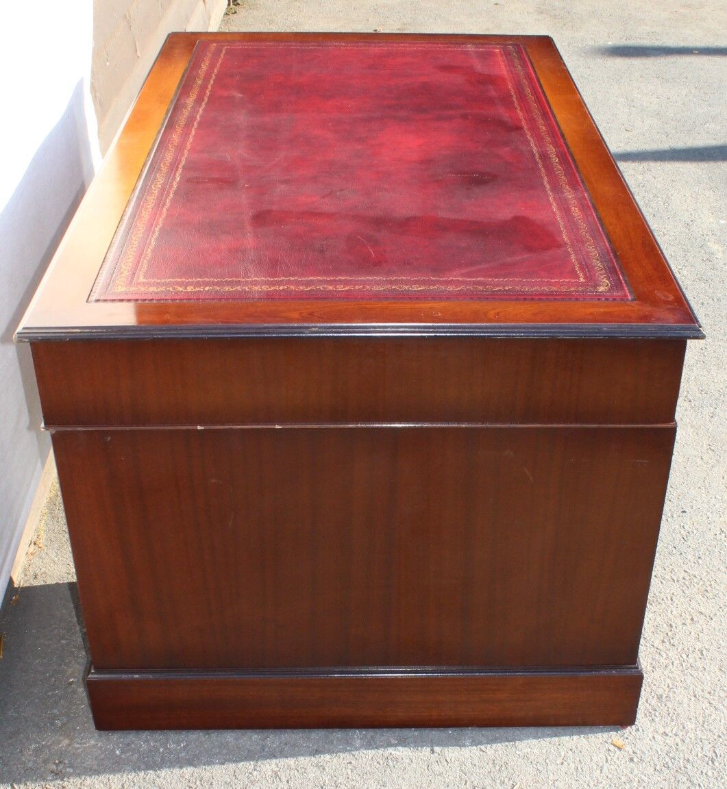 Classic English Mahogany Pedestal Desk with Red Leather
