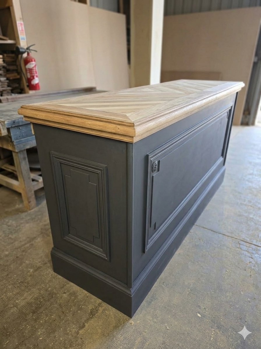 Chevron-patterned oak workbench