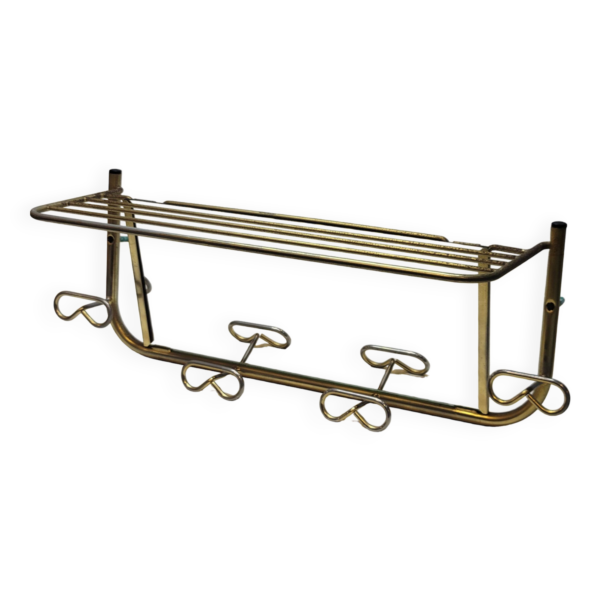 Coat rack with 4 hooks with shelf and vintage mirror in golden metal