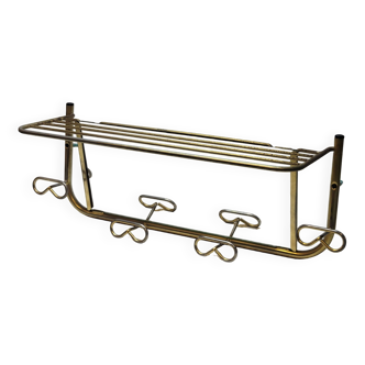 Porte manteau a 4 patères avec étagère et miroir vintage en métal doré