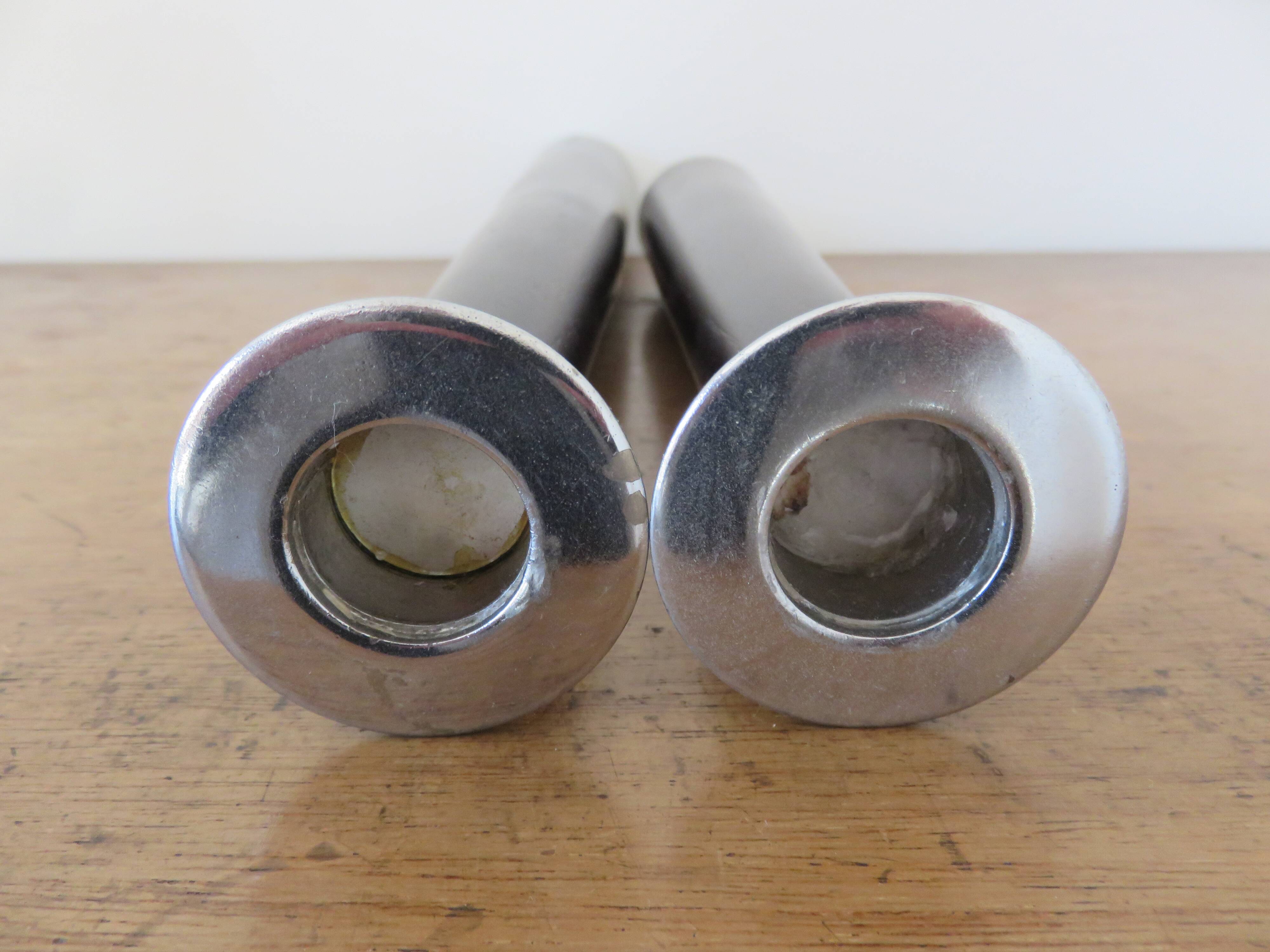 Pair of designer candlesticks, XXL, tapered, teak and chrome metal, 1980s