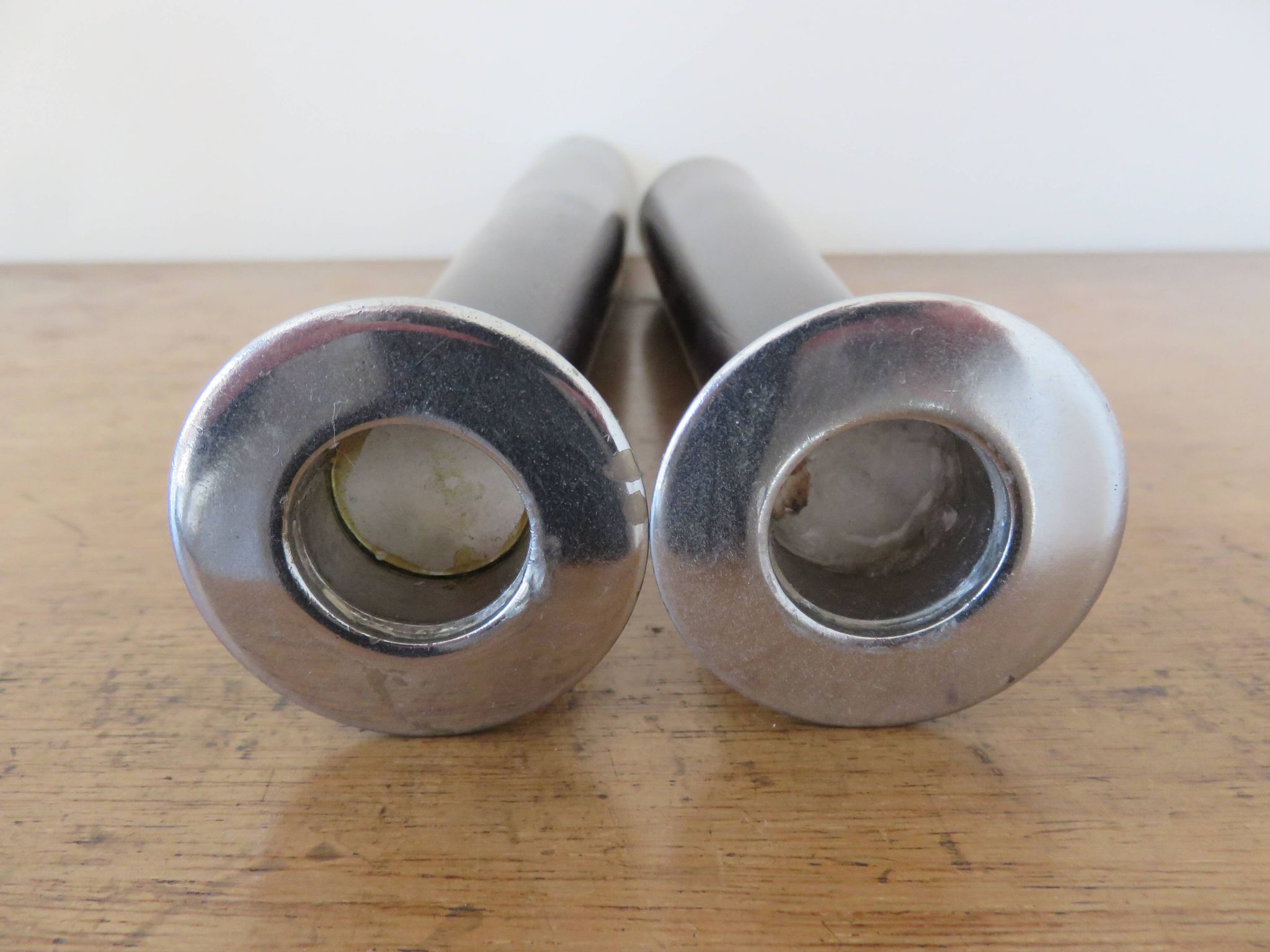 Pair of designer candlesticks, XXL, tapered, teak and chrome metal, 1980s