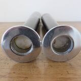 Pair of designer candlesticks, XXL, tapered, teak and chrome metal, 1980s