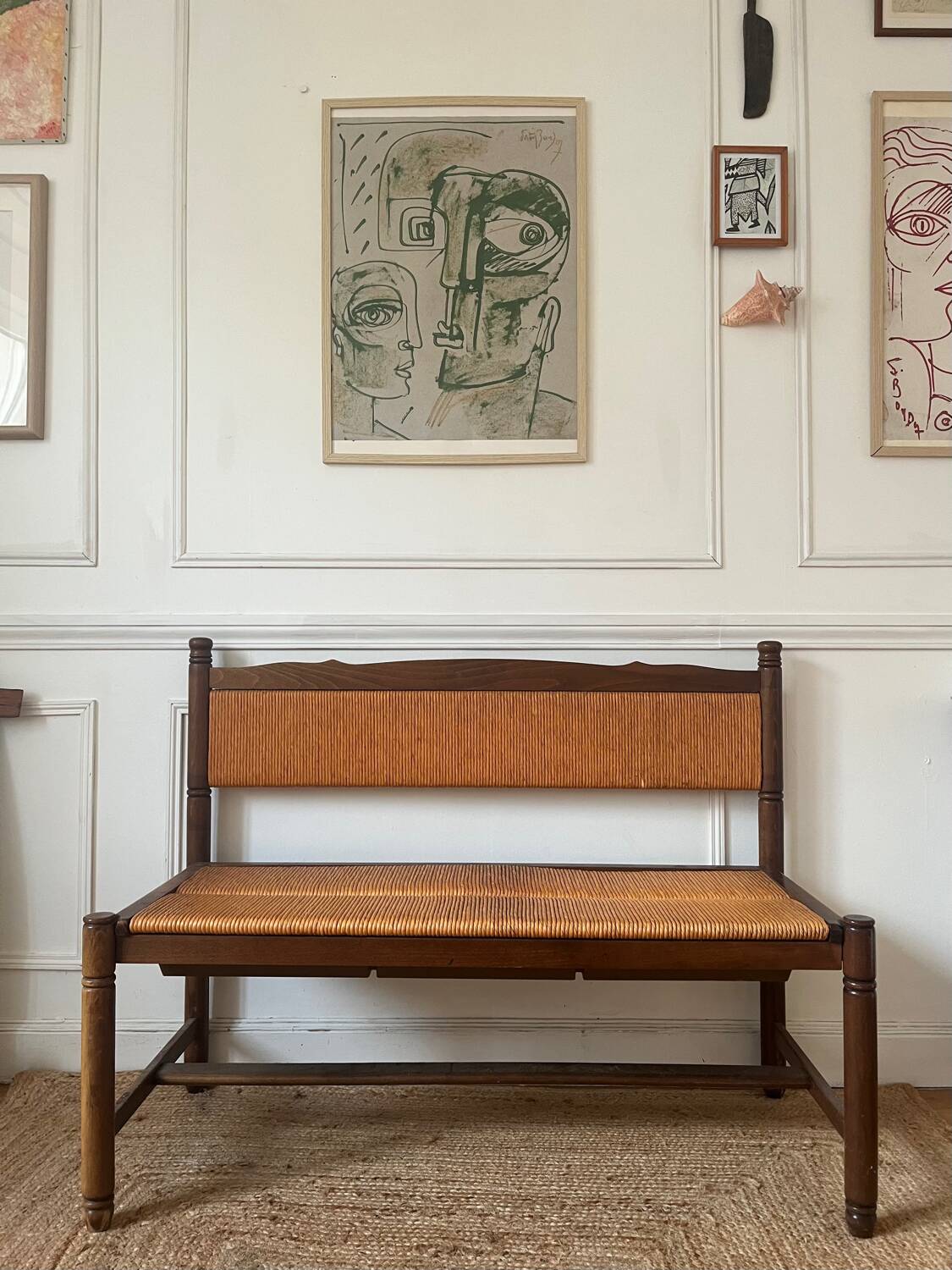 Provençal rustic wood and straw bench