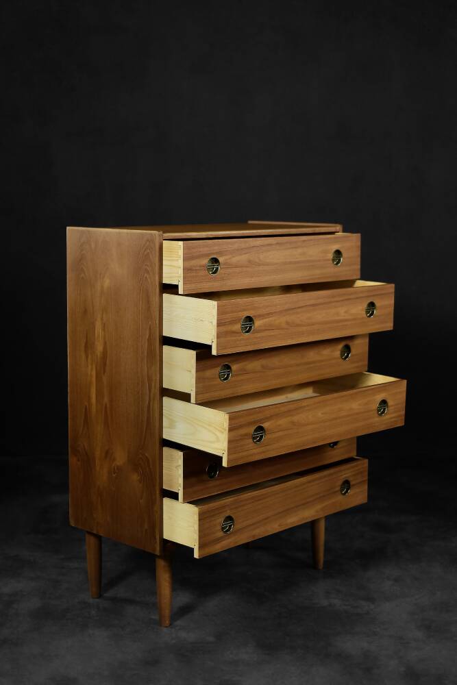 Mid-century modern Danish high chest of drawers in teak with brass handles, 1960s