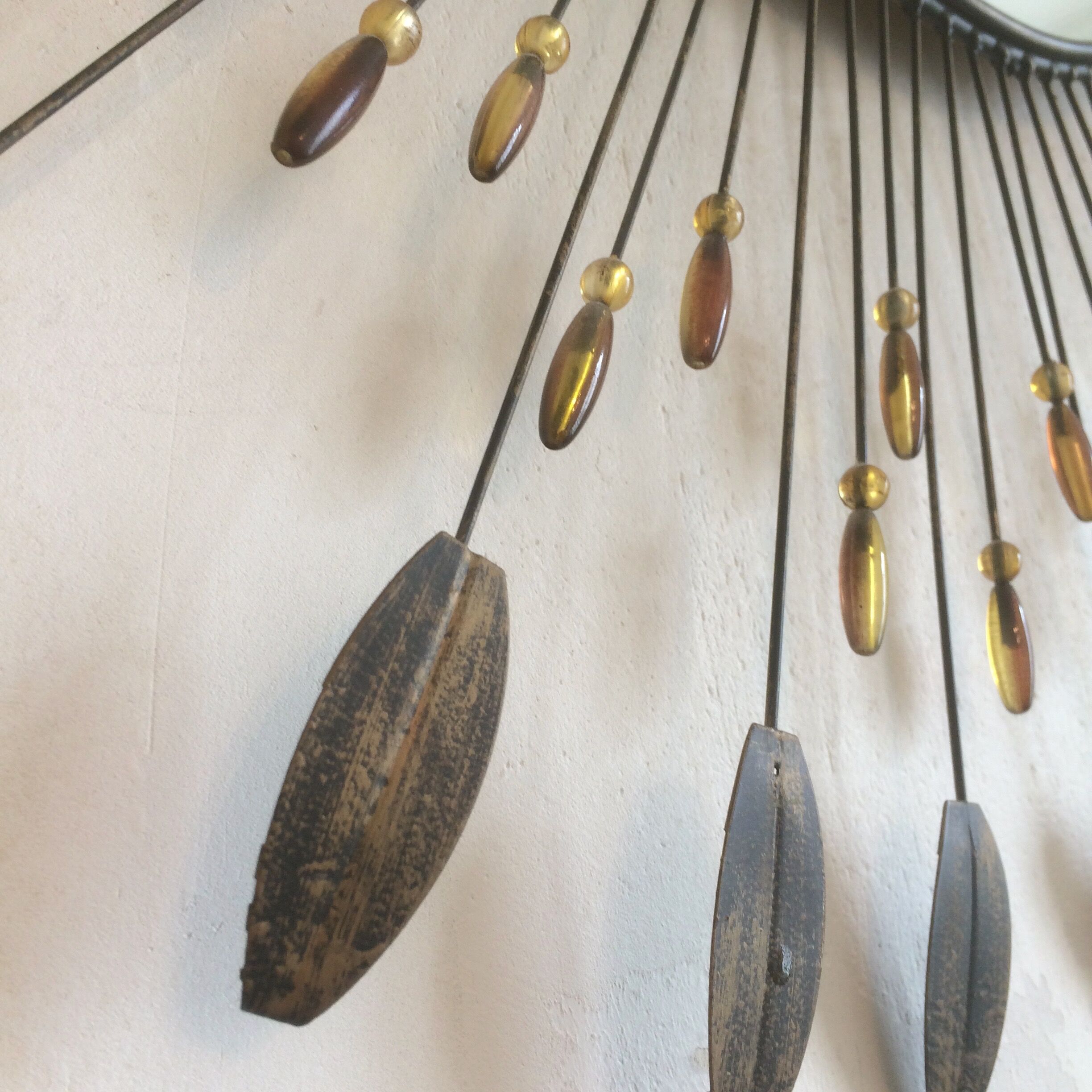 Mirror Sun beads & feathers metal, 1950 - 75x75cm