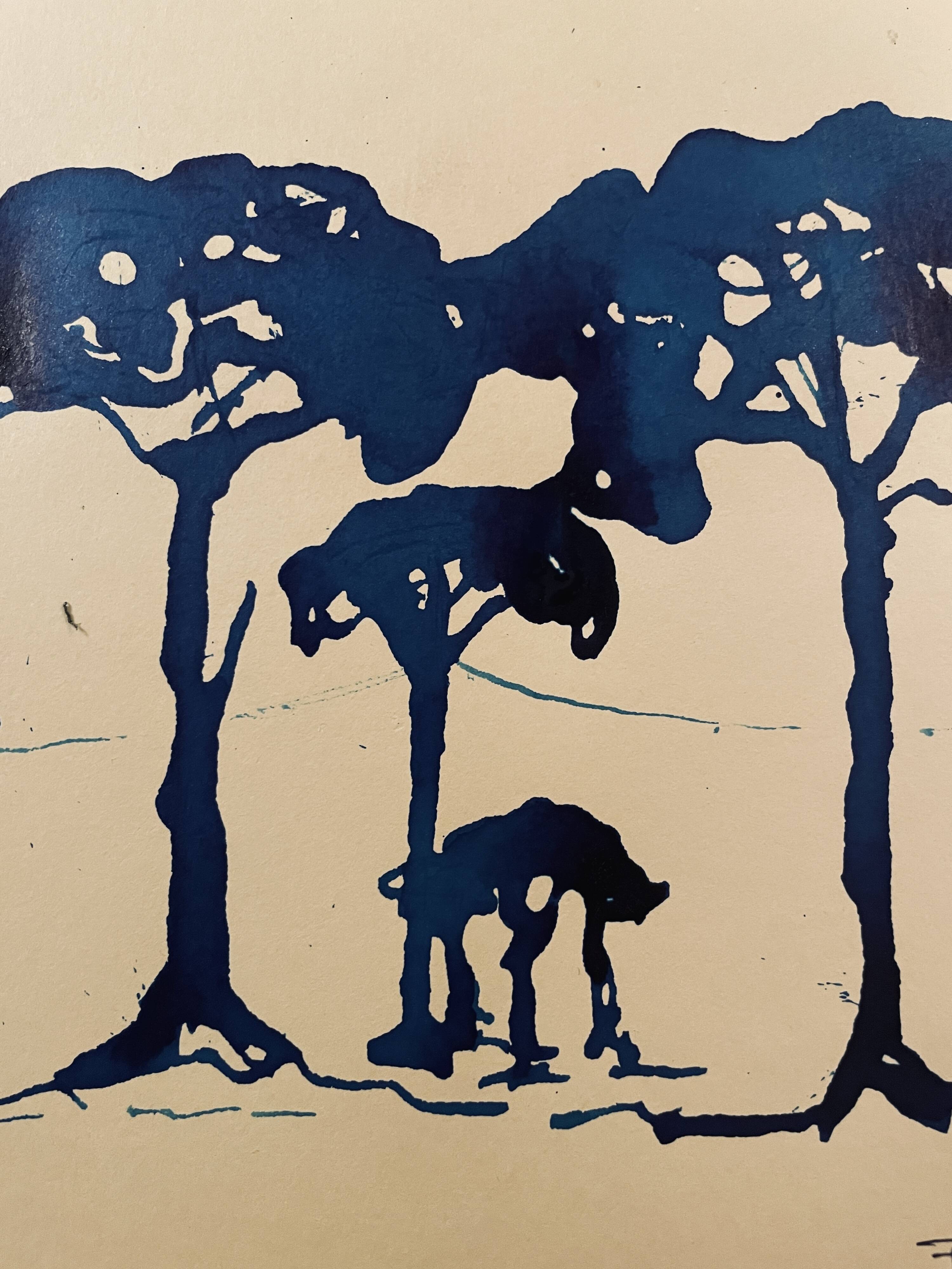 Painting, monochrome watercolor "Twilight over the Pine Forest" Provence, signed