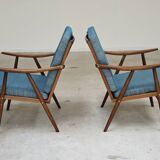 Pair of blue boomerang armchairs by Antonin Suman for Ton (Thonet) 1960