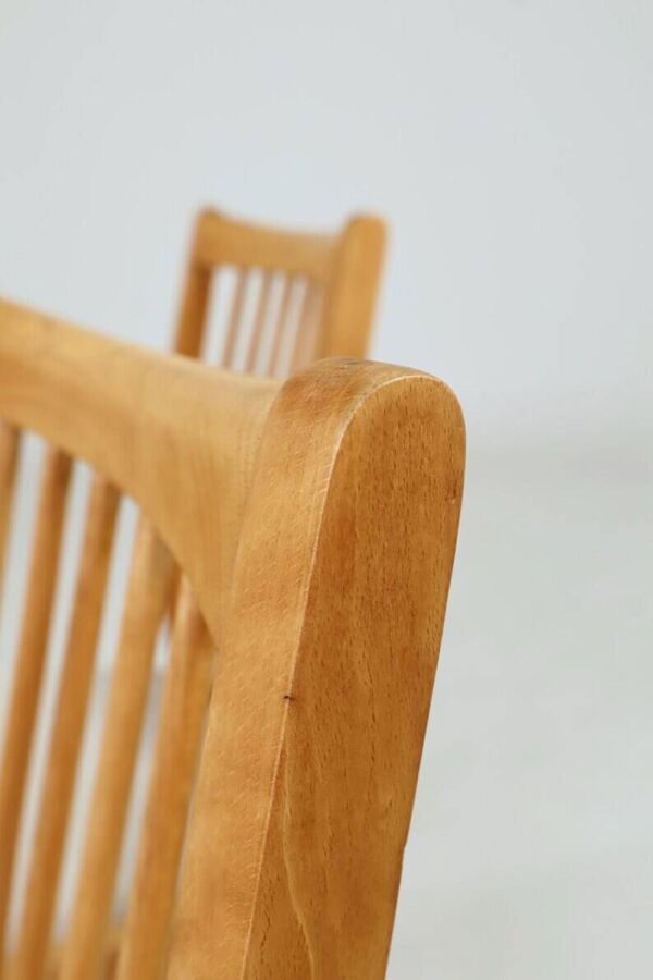 Ensemble de 4 chaises de salle à manger vintage, bois de hêtre naturel, tissu en chevrons