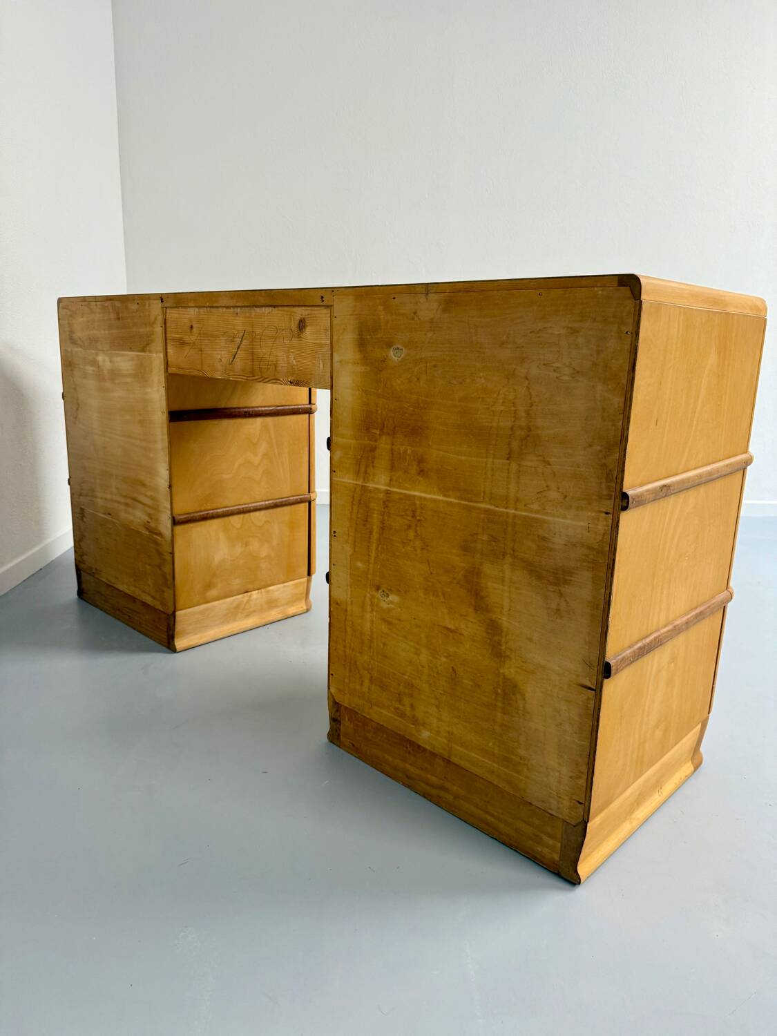 Old beech desk in art deco style with drawer, vintage 60s