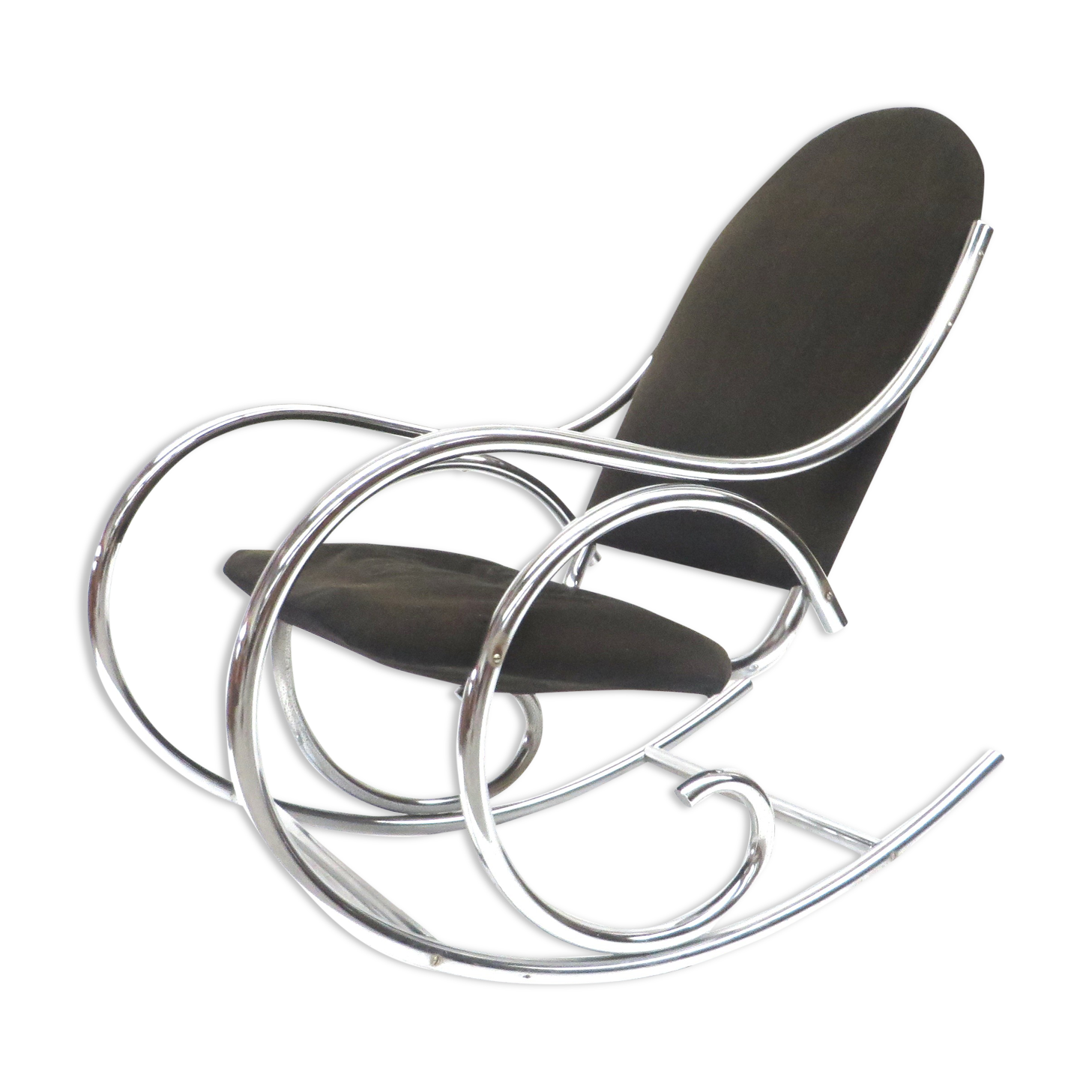 Mid century rocking chair with solid chrome frame and fabric seat from the 70s