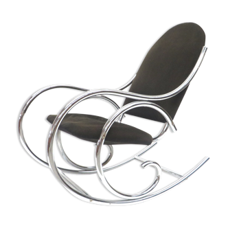 Mid century rocking chair with solid chrome frame and fabric seat from the 70s