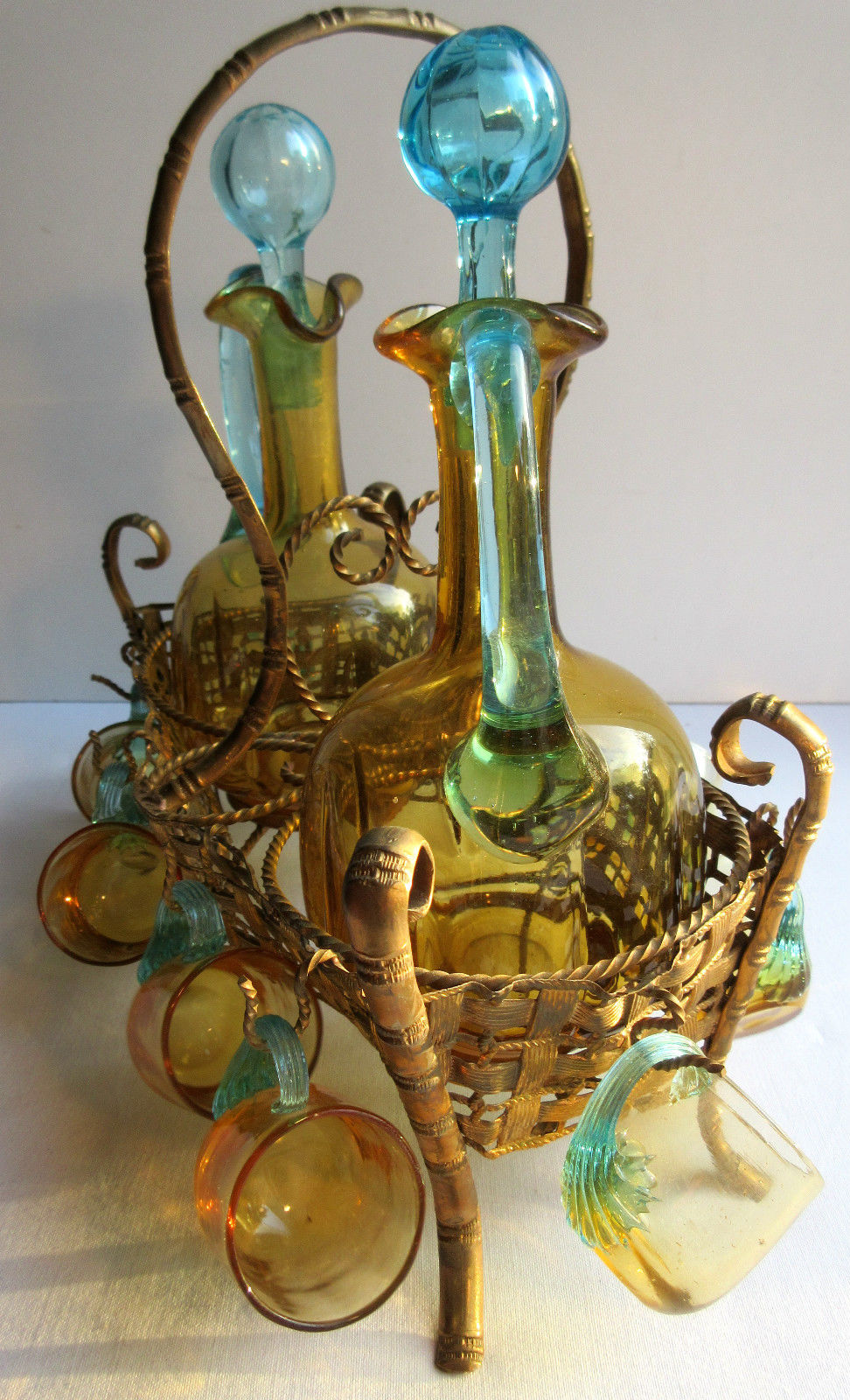 Cabaret Cave liqueur George SAND: 2 carafes 10 Legras glasses - brass basket