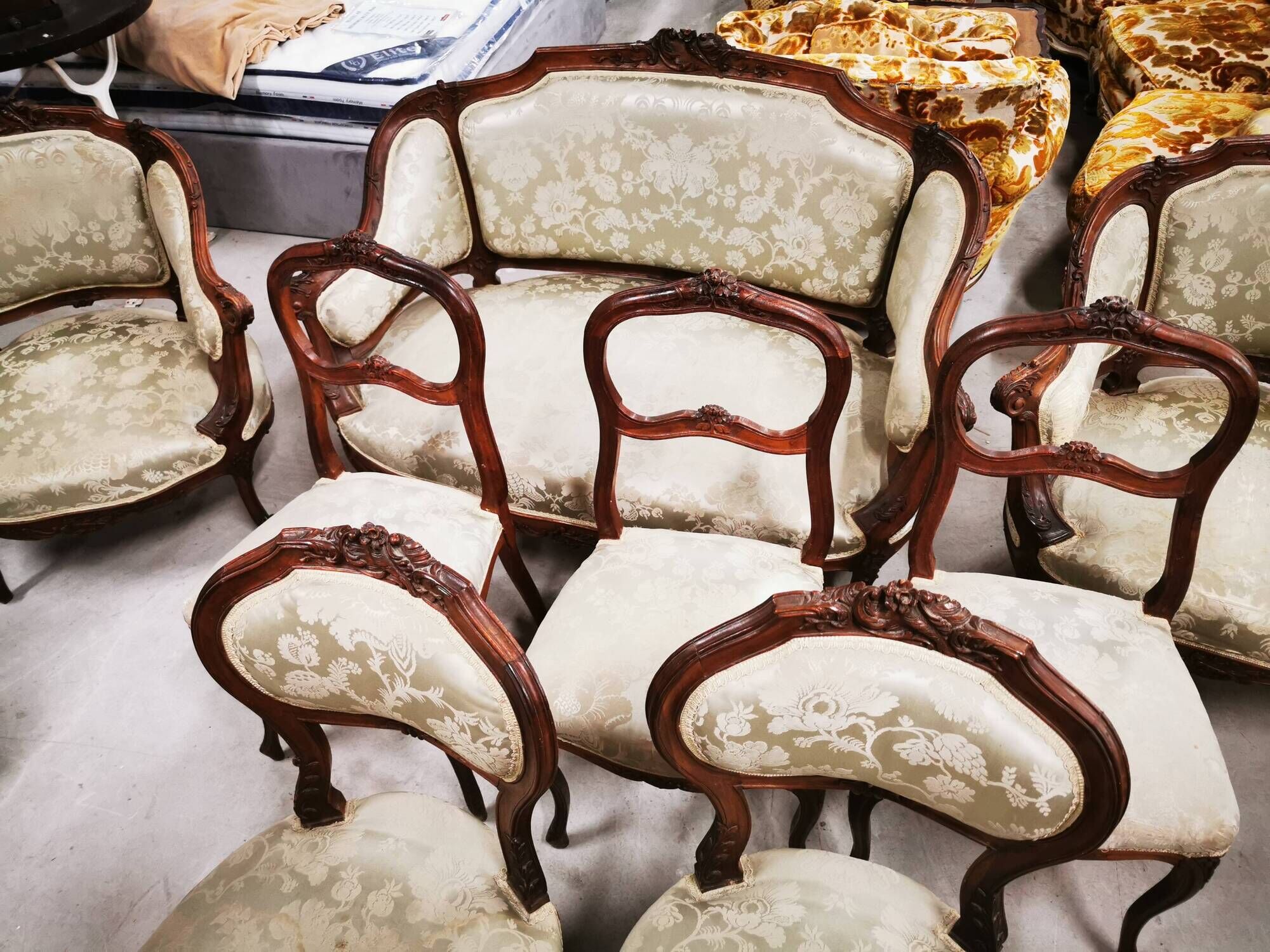 Two-seater bench + two simple armchairs + five Louis XV chairs to be reupholstered
