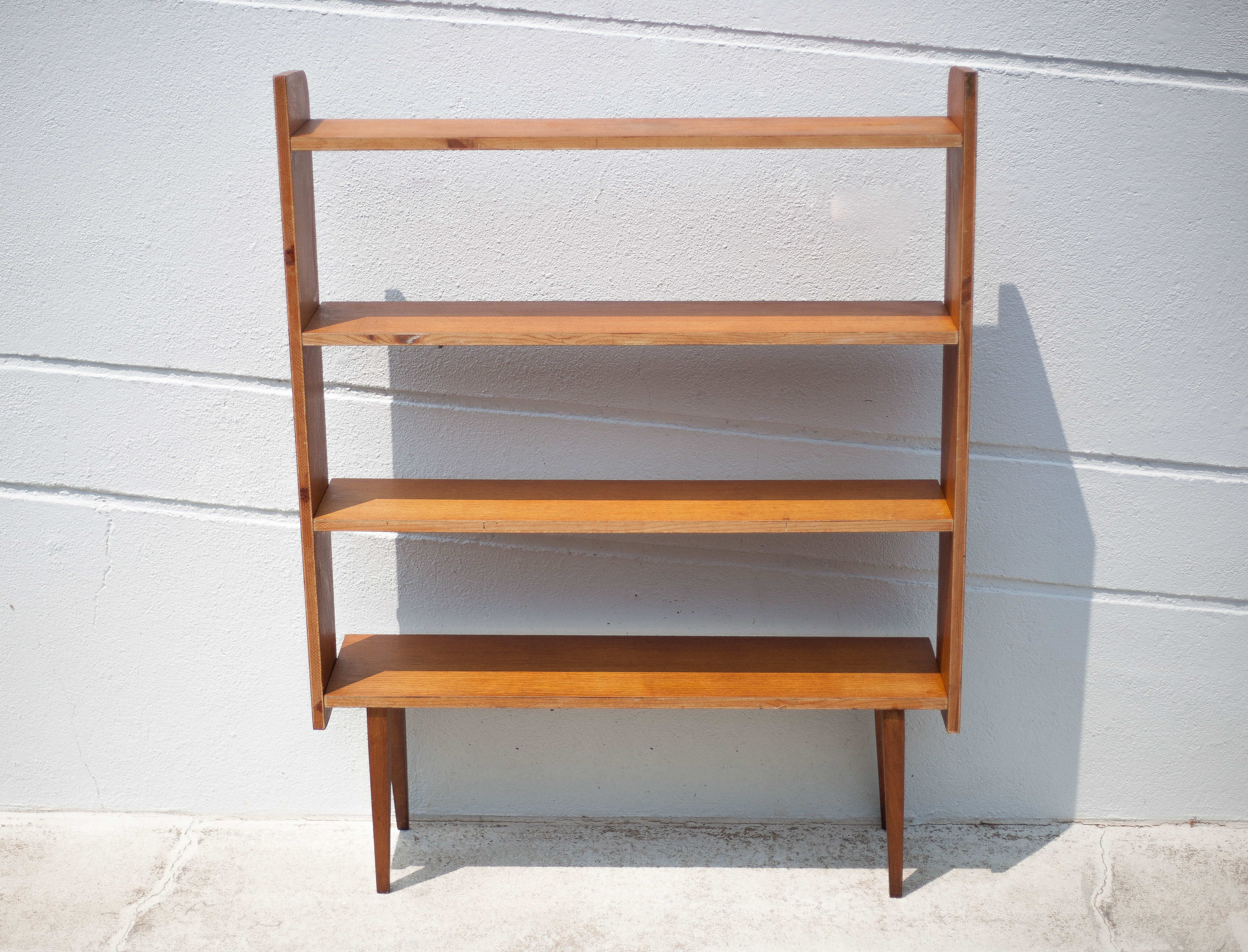 Wood bookcase shelf, wooden shelf on compass legs, storage unit, decoration