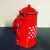 Red enameled coffee pot with white polka dots