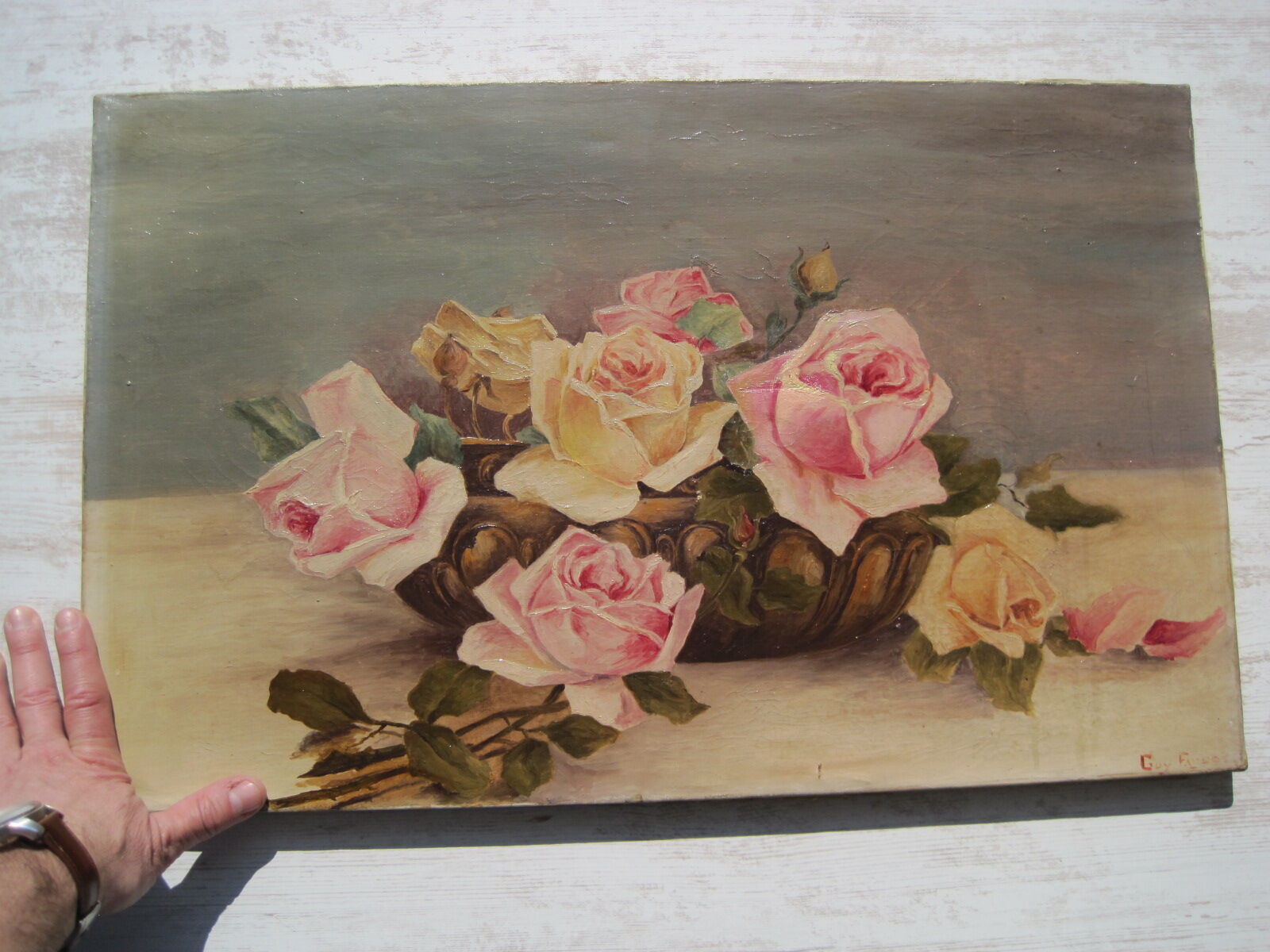 Oil painting on canvas HST Roses Vase signed GUY FAUDOT Pier
