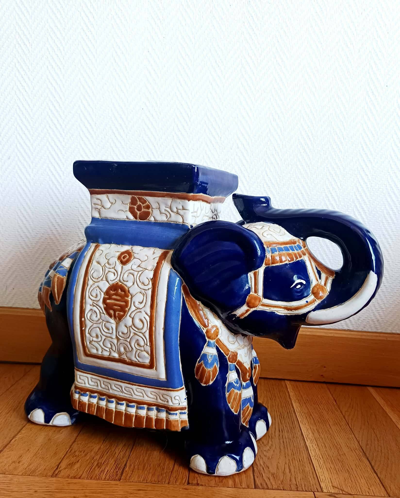 Stool or elephant plant stand in blue ceramic