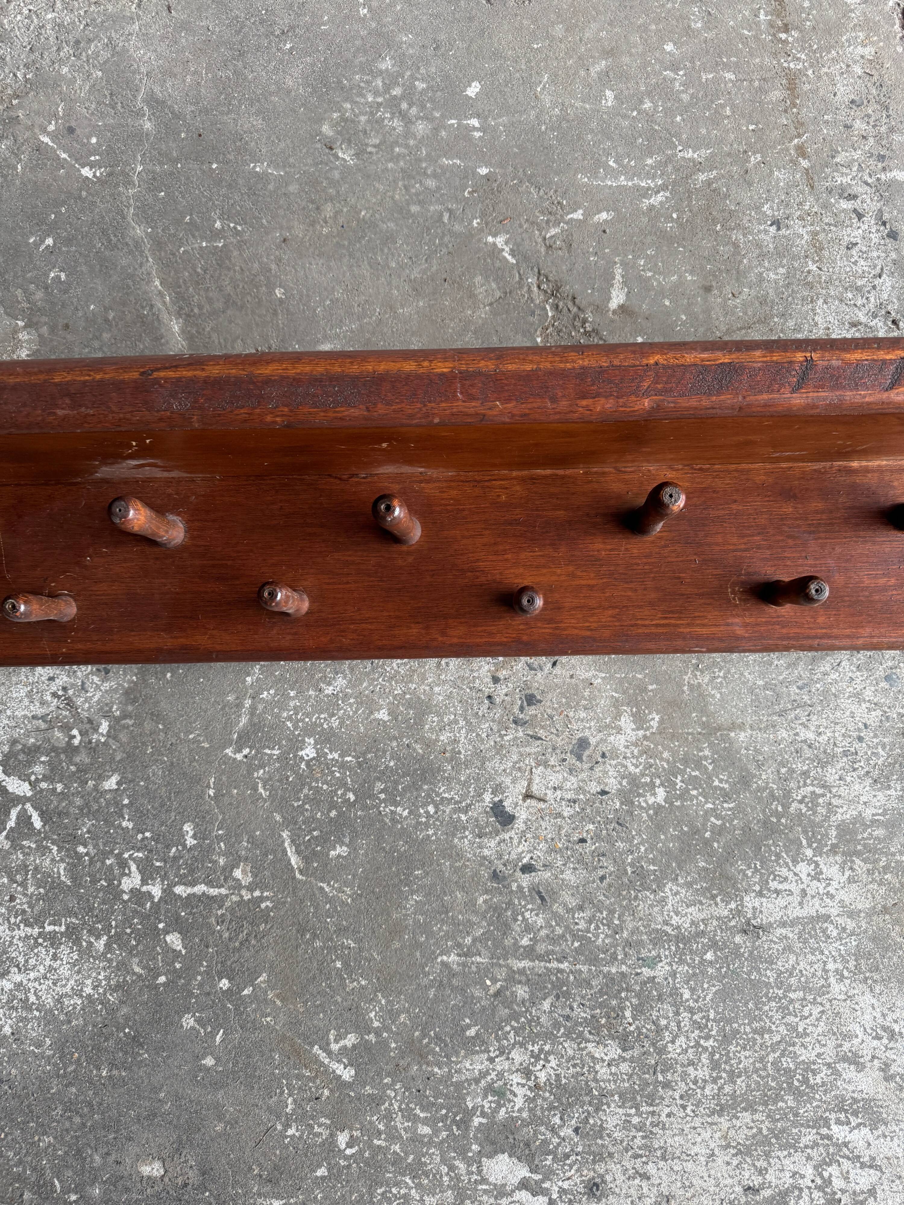 Extra-Long Solid Wood Wall Coat Rack, Walnut Brown, 20 Pegs — Mid-Century Vintage