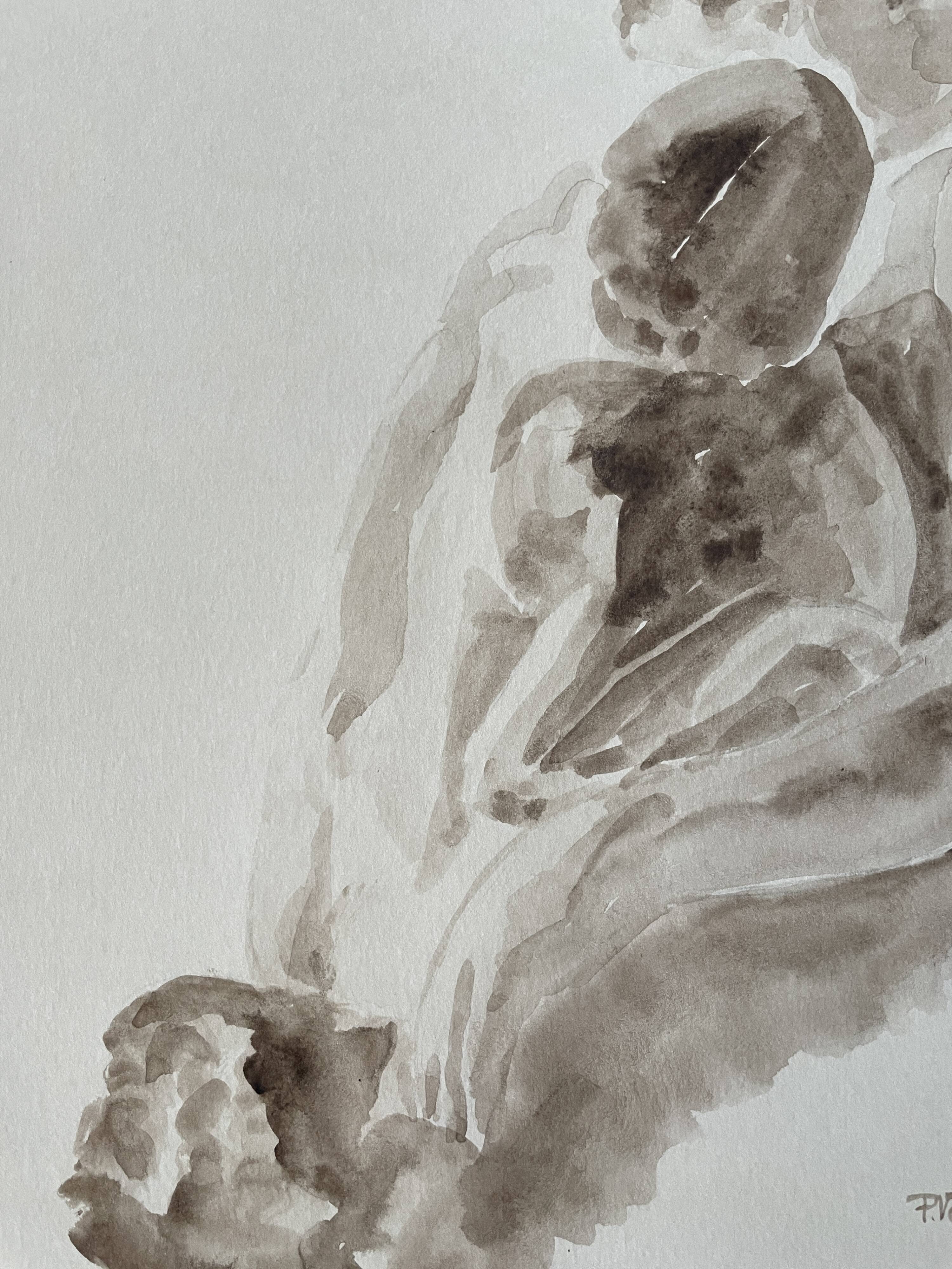 Painting signed sepia monochrome watercolor study of the statue “Rodin’s kiss”