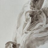 Tableau signé aquarelle monochrome sépia étude de la statue « le baiser de Rodin »
