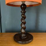 Mid-20th century turned wooden lamp with orange fabric lampshade