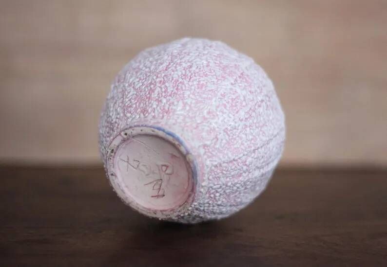 Signed crinkled enamel round vase, pink Art Deco vase, interior decoration, collection