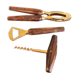 Bottle opener made of teak wood, corkscrew and nutcracker