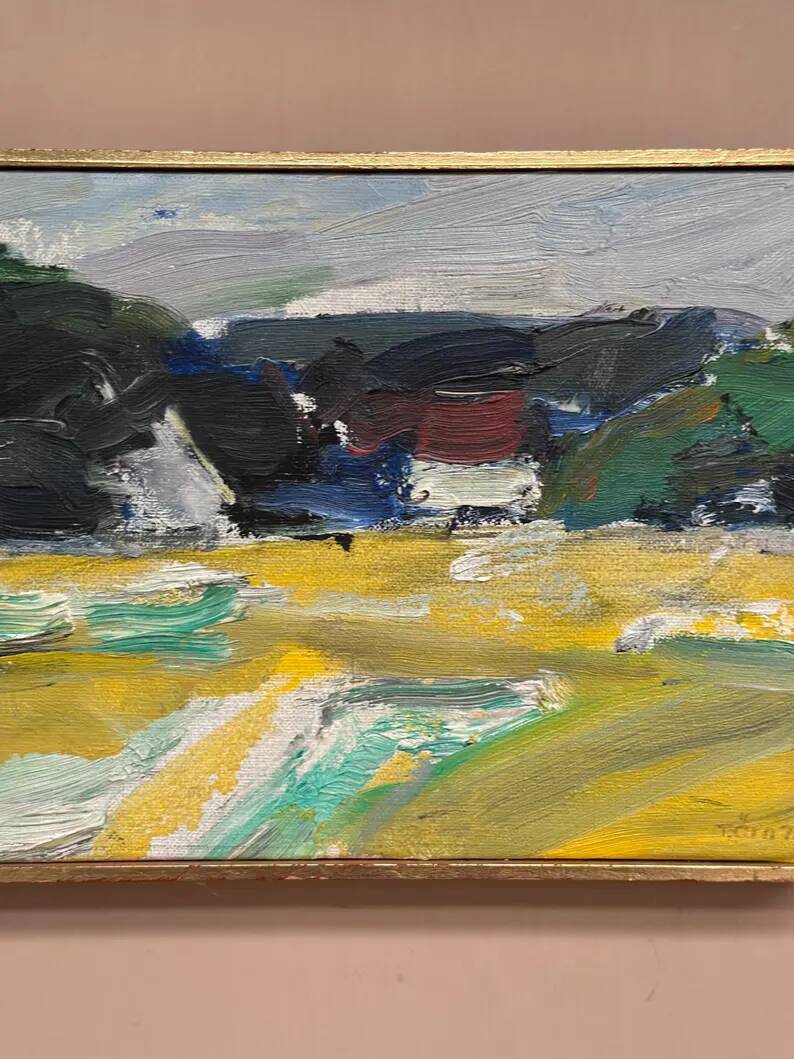 Original Swedish Oil on Canvas – “Houses” by T. Örn 1970 – Vintage & Framed