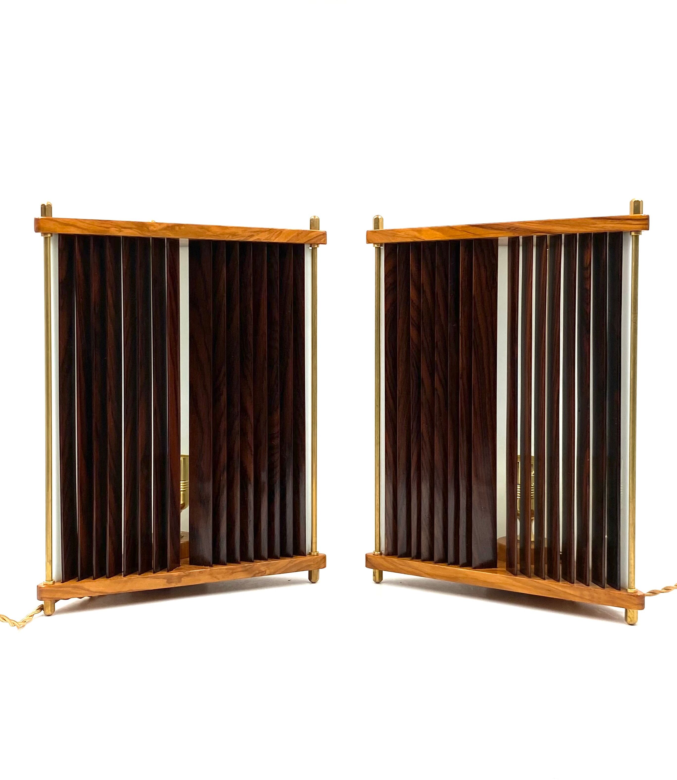 Leonardo Mosso 2 palisander and brass table lamps, Italy 1970s