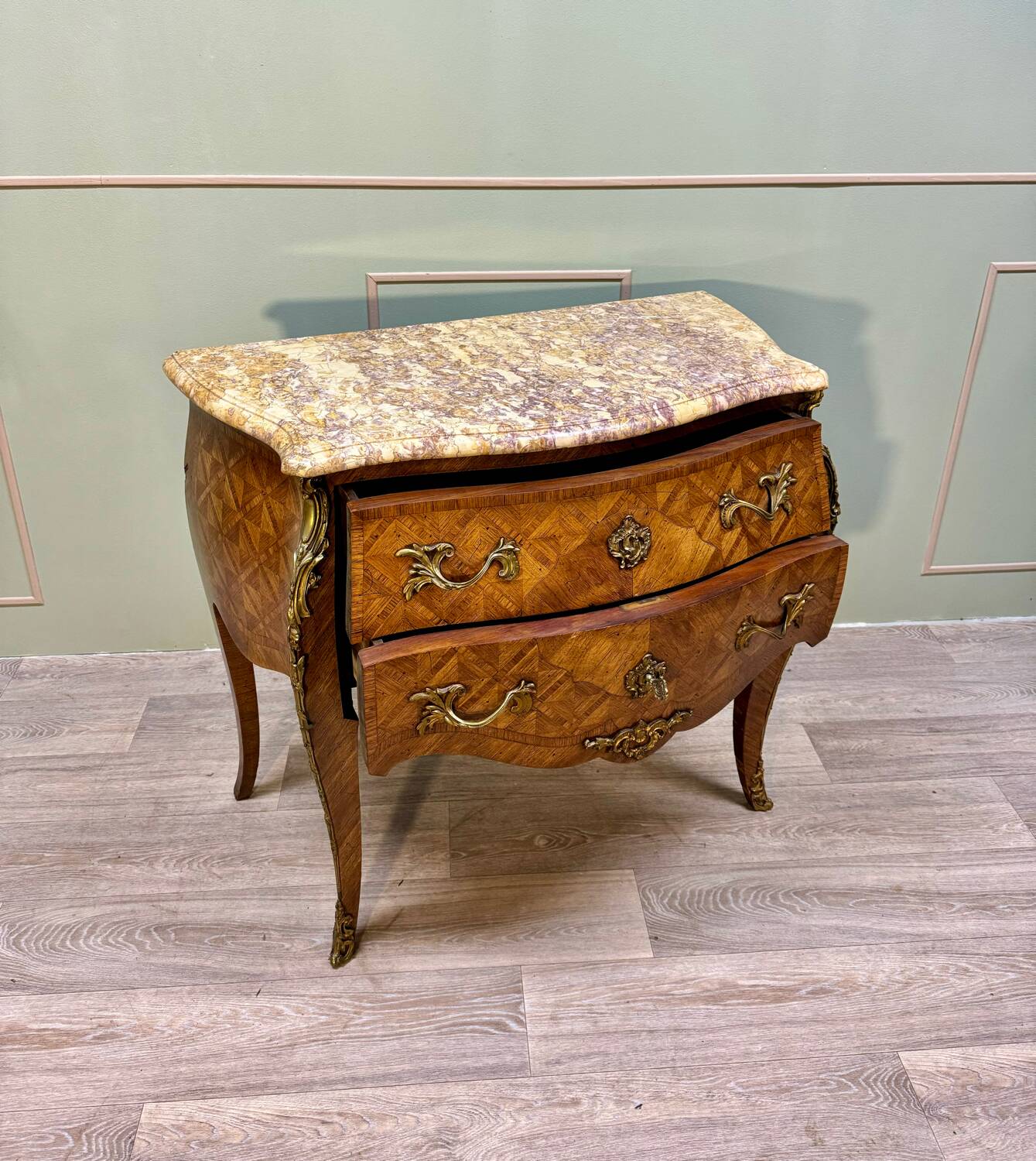 Curved sauteuse commode in stamped marquetry louis xv style xix eme century