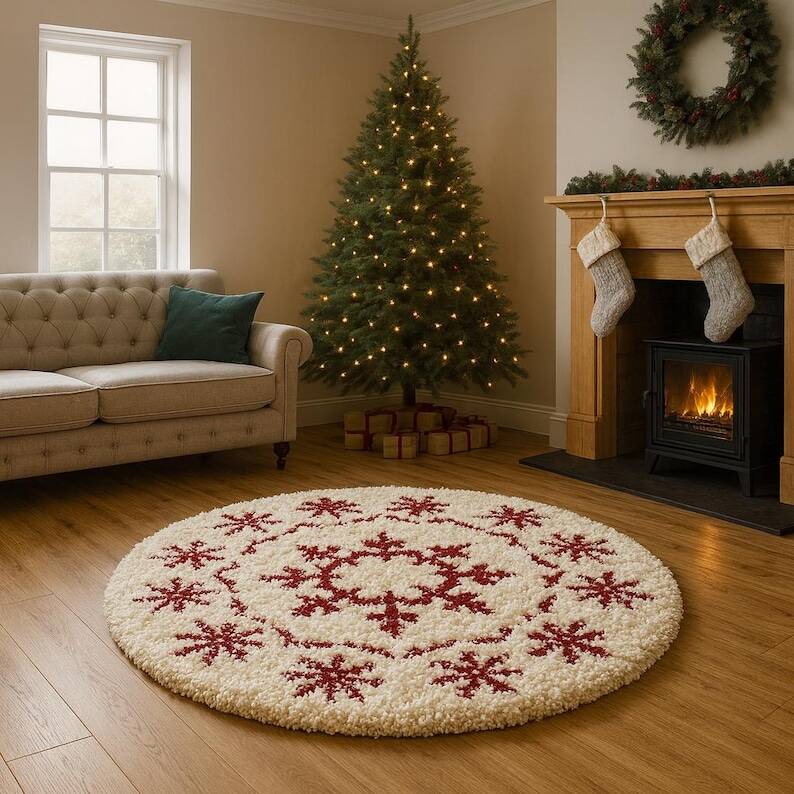 Handmade Moroccan Wool Snowflake Rug: Red & White Christmas Decor 200X200cm