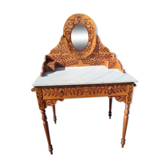 Ancienne table de toilette, coiffeuse en chêne marqueter de feuillages et fleurs