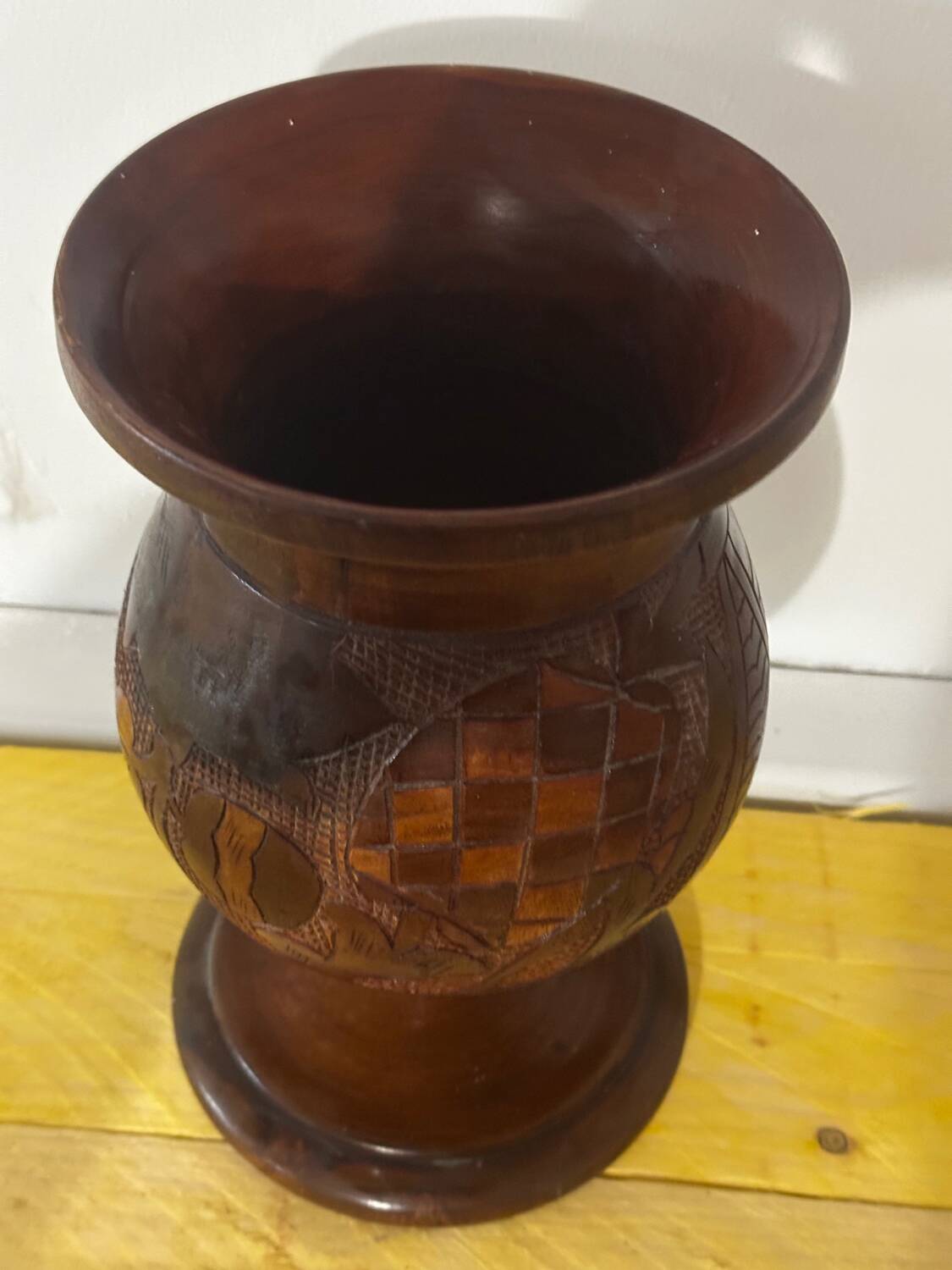 Vintage Turned and Carved Wooden Vase - Vine Decor H 28 cm