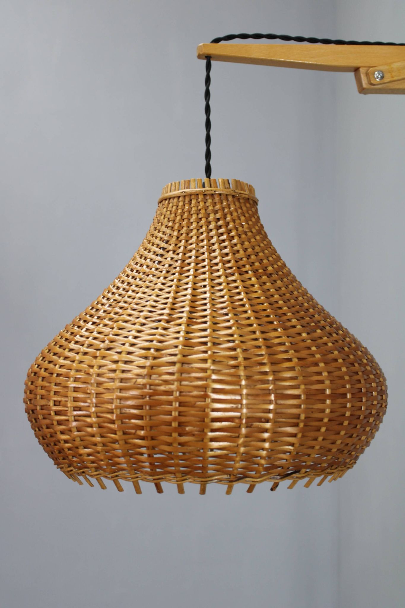 Mid-century adjustable wooden wall lamp with rattan shade, Lipta, 1970s