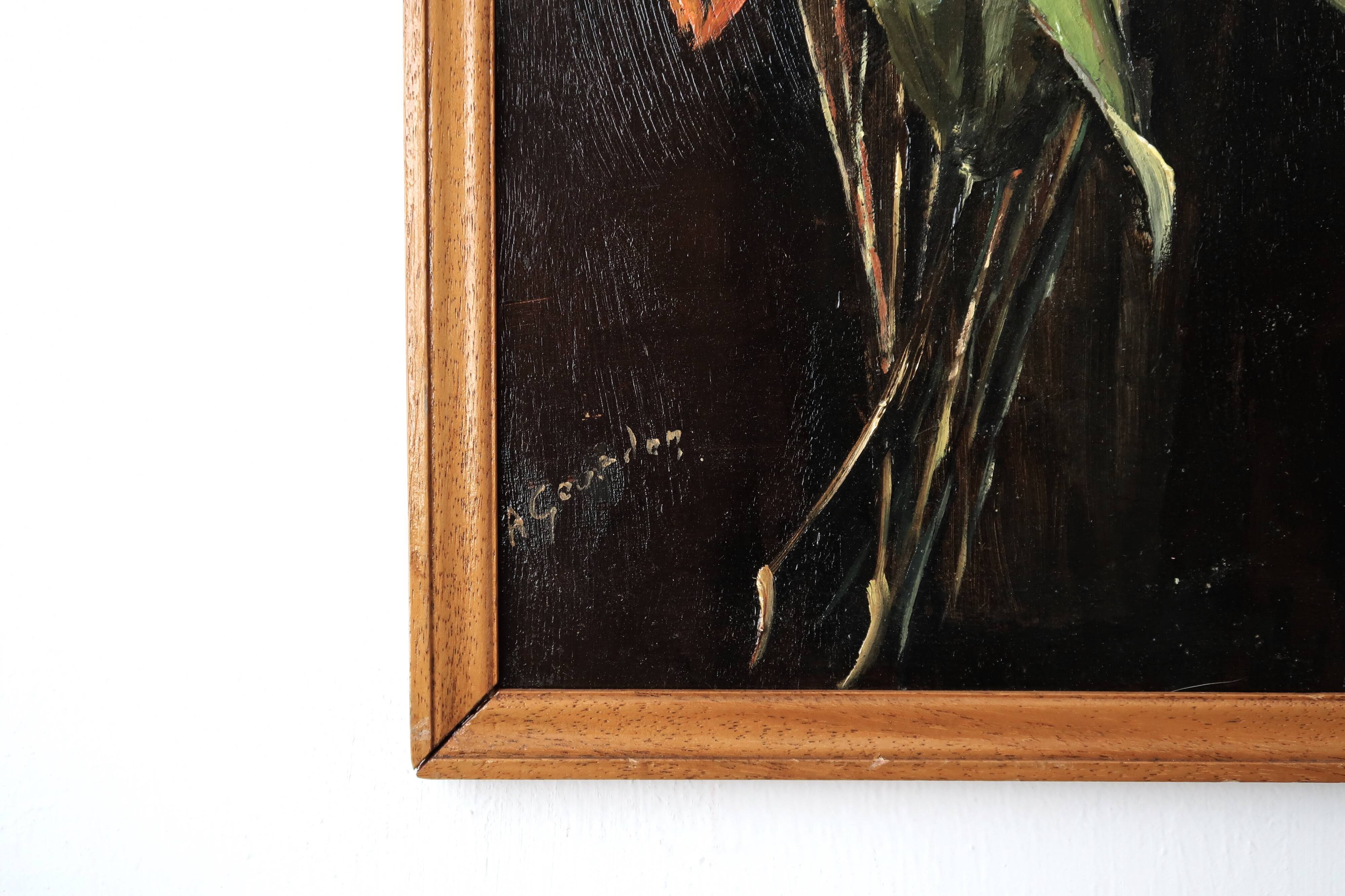 Painting, signed oil painting: flowers on a black background, 50s